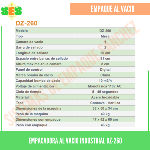 Empacadora al vacio industrial Ref. DZ-260 mesa