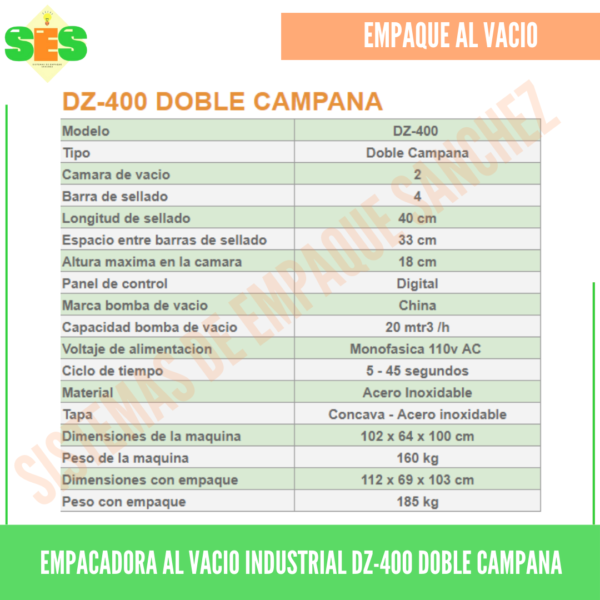 Empacadora al vacio industrial Ref. DZ-400 Doble campana